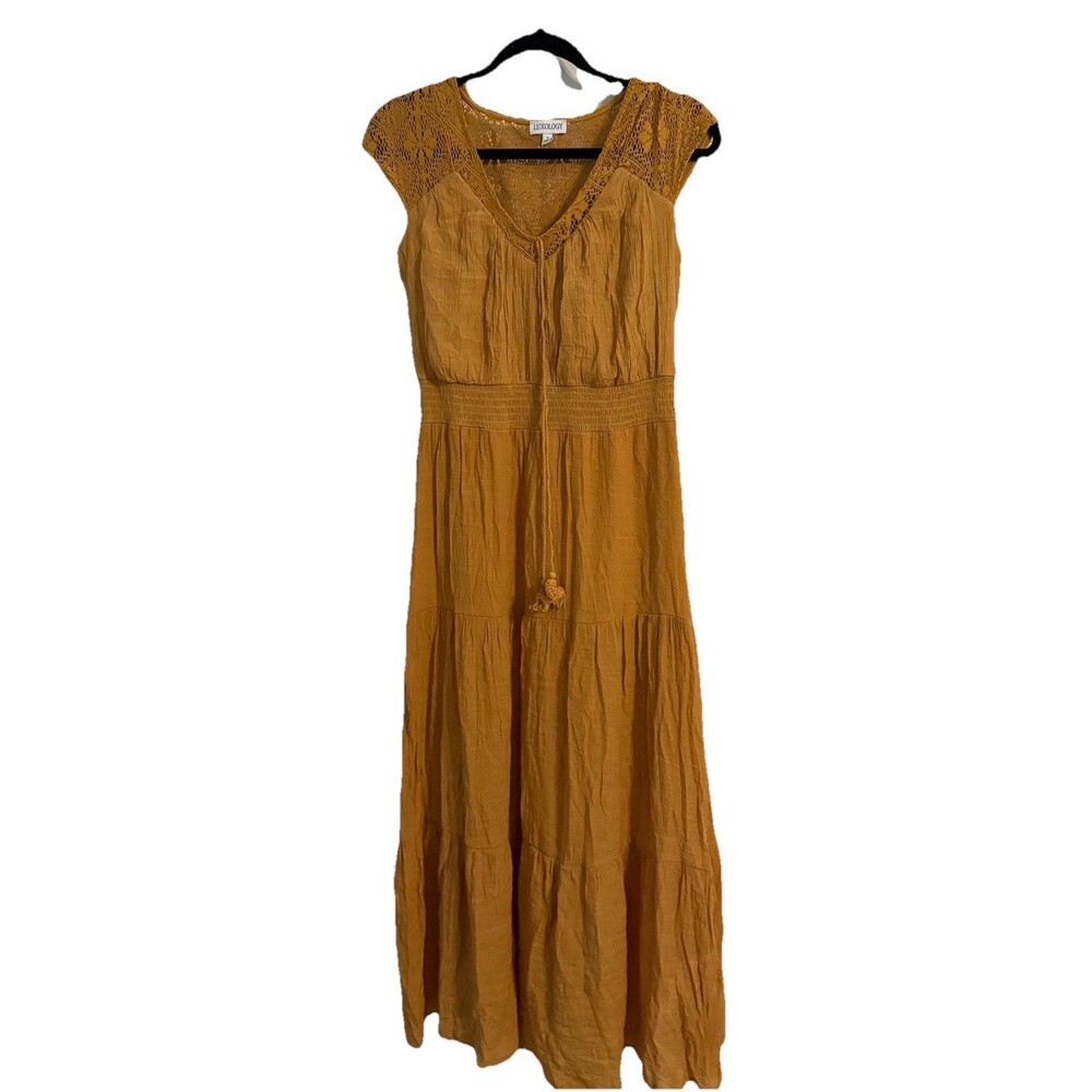 Luxology Women's Maxi Dress Crochet Back Sleeveless Lined Camel Sz S Boho Chic